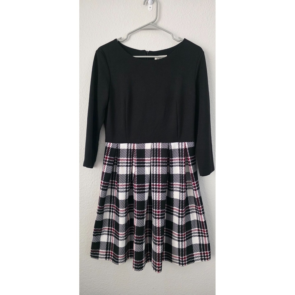 Eliza‎ J Plaid Fit Flare Dress Women's 10 Black Long Sleeve Career Office Party